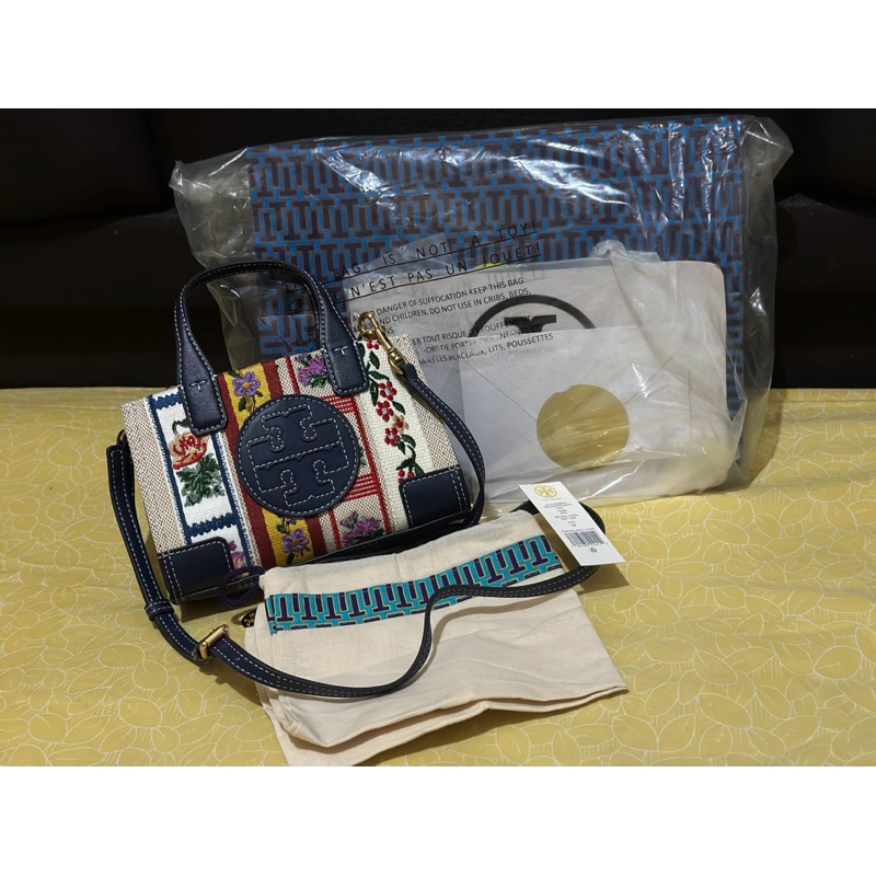 TB Tory Burch Ella Webbing PatchWork Micro Tote Bag Handbag Shoulder Bag Crossbody Bag Mini