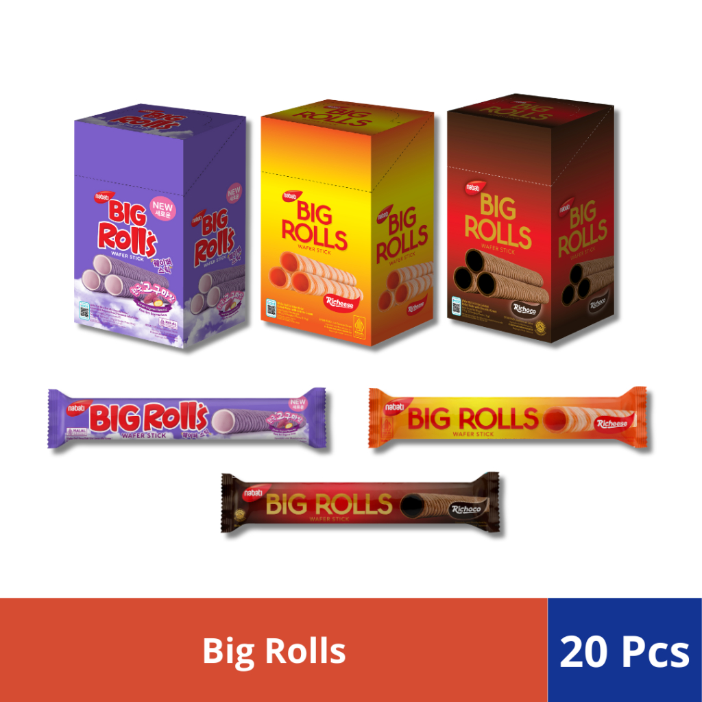 

[GRATIS 4 PCS] Nabati Big Rolls Wafer Stick 1 Box x 20 Pcs (Cokelat, Keju, Goguma)