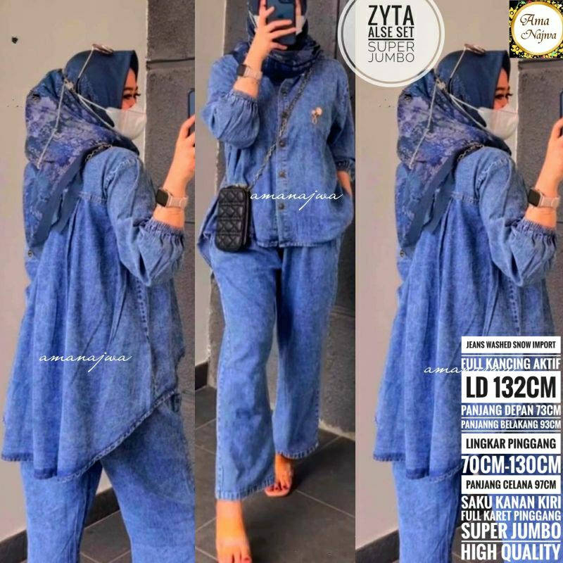 Neww Zyta One Set Setelan Celana Kulot Tunik Jeans Snow Ld 132 Super Jumbo Fit XXXL By Amj