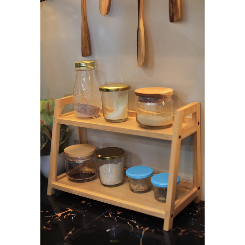 Rak dapur full kayu Rak bumbu dapur estetik Rak teh kopi gula Rak kayu 2 susun minimalis Rak 2 susun