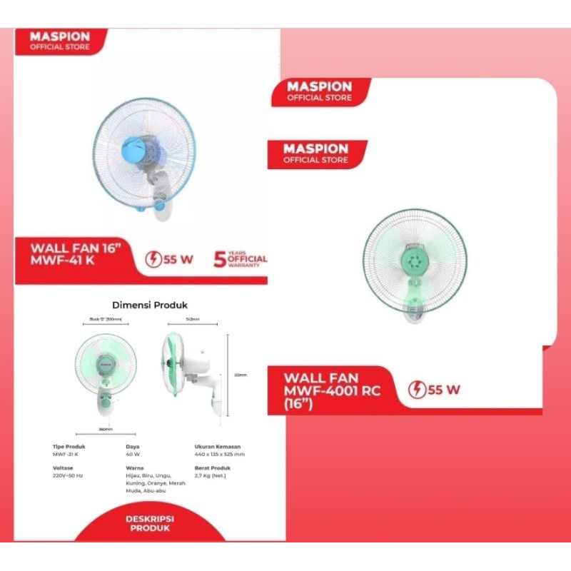 Maspion kipas dinding mwf 31k mwf 41k MWF 4001RC