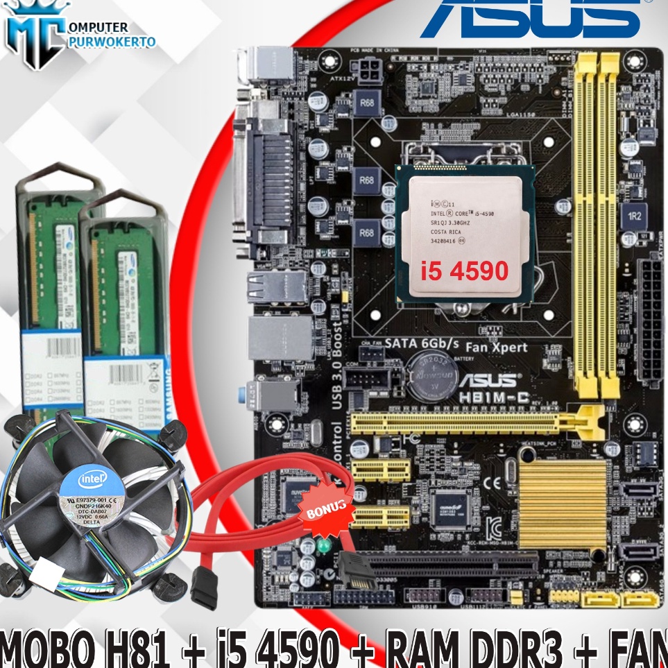 KODE G87H Paket Mainboard Mobo H81 Asus Dengan I5 459  RAM DDR3  FAN