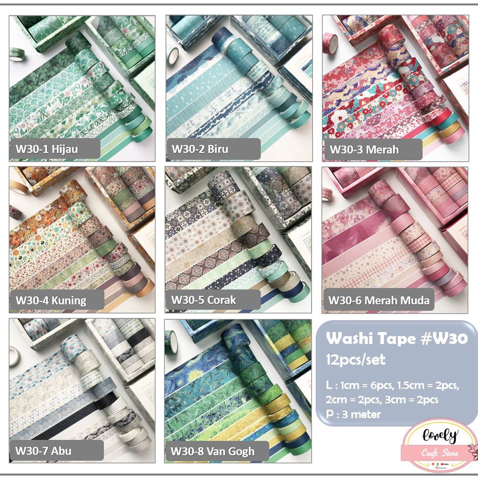 

LovelyCraftStore W3 Washi Tape Selotip Kertas 12pcsset Vintage Retro Paper Tape Basic Tape Art Bullet Journal Decoration Tape KODE X9F3