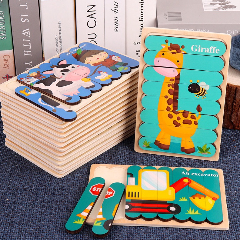 KODE U14A GeeToy Montessori Mainan Edukasi Strip Ganda Mainan Puzzle Kayu 3D Untuk Anak