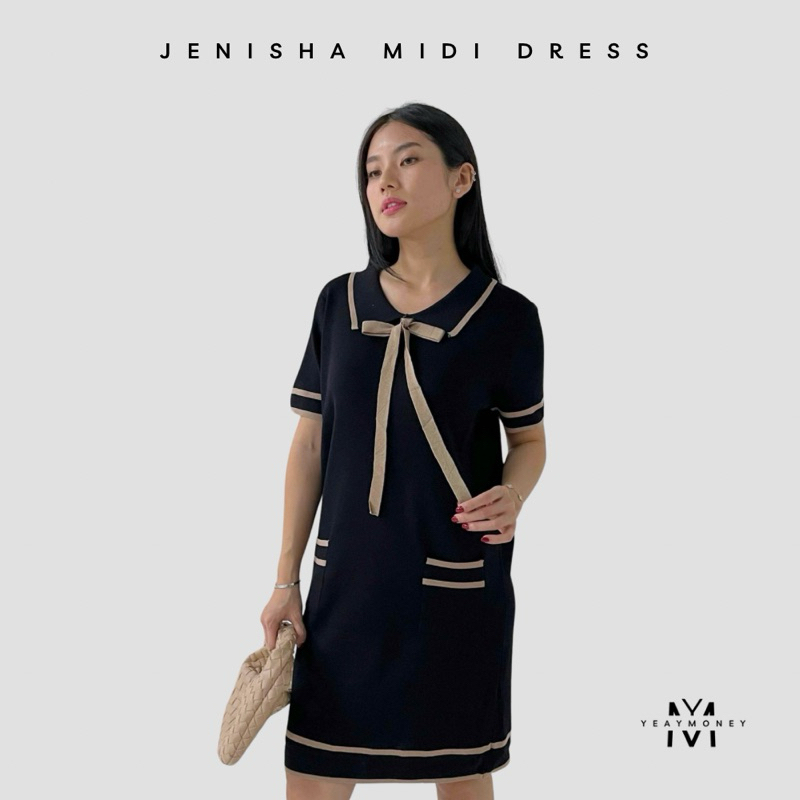 Yeaymoney | Jenisha Midi Dress Knit Rajut Lengan Pendek Dress Pendek Cewe Korea Kerah Pita