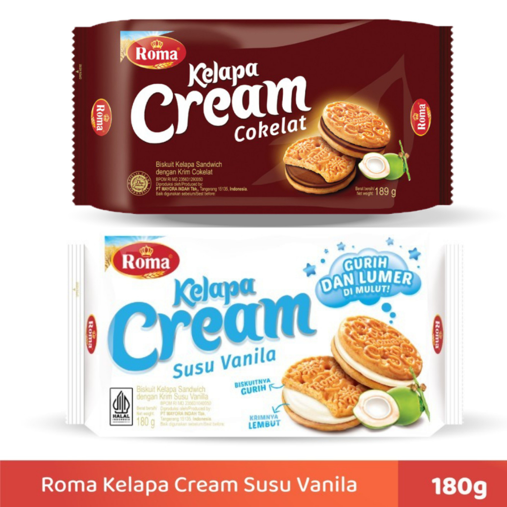 

Biskuit Roma Kelapa Cream Coklat Cokelat Susu Vanilla Kemasan Pack Besar 180 gr