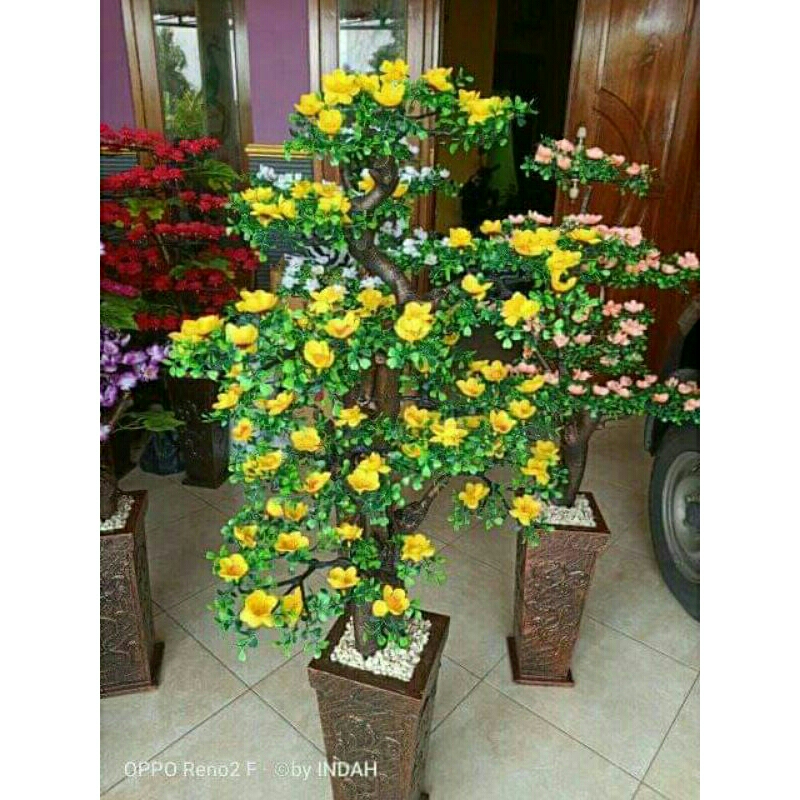 bunga set pot~pohon hawai artificial tinggi 130 cm jumbo / bunga hias sudut / pohon bunga hawai arti
