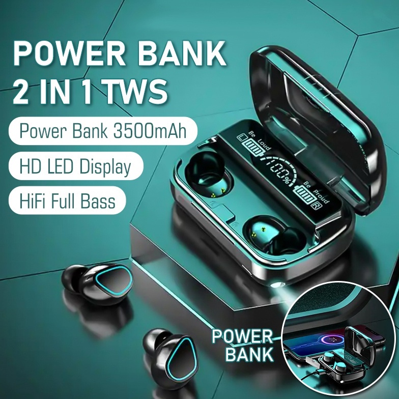 WSM1 Headset Bluetooth Full Bass Stereo 35mAh Power Bank Wireless Earphone Tahan Air TWS With Mic He