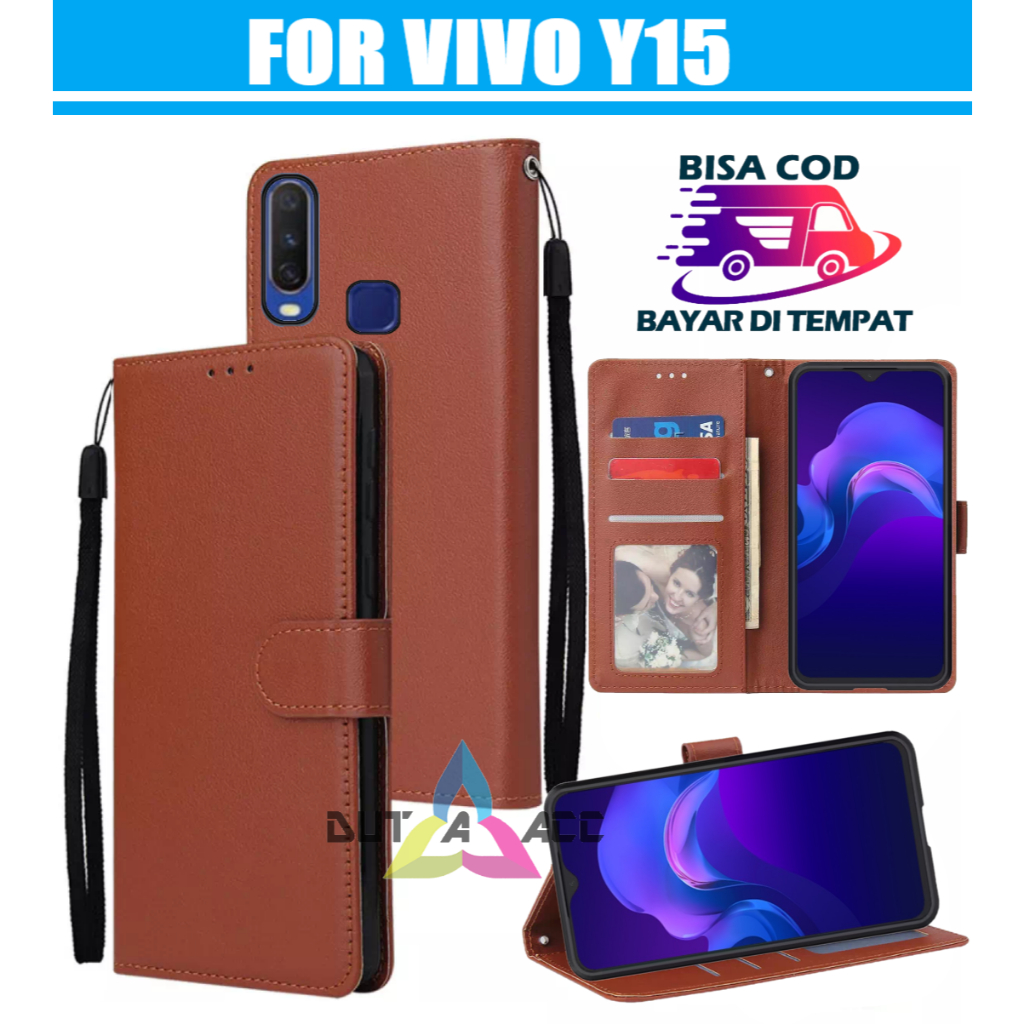 flip case leather VIVO Y15 casing cover kulit bisa buka tutup dan standing
