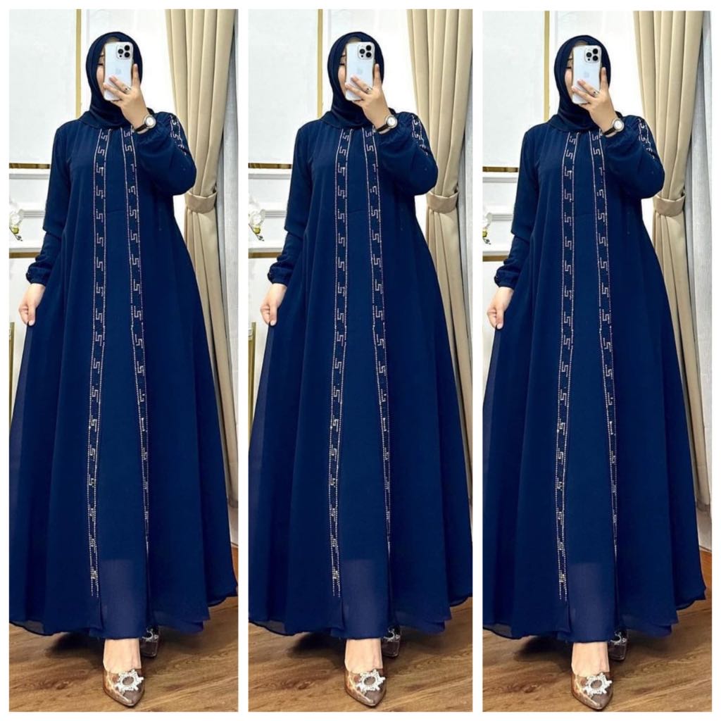 gamis syari ceruti polos kondangan pesta busui mewah elegan premium hitam setelan hijab  ld 110