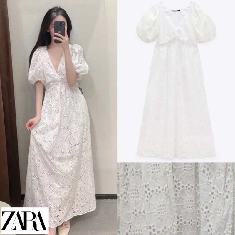 [ZARA] SS22 Eyelet Long Dress Cutwork Embroidered Short Puff Sleeve Victorian V Neck Summer White / 