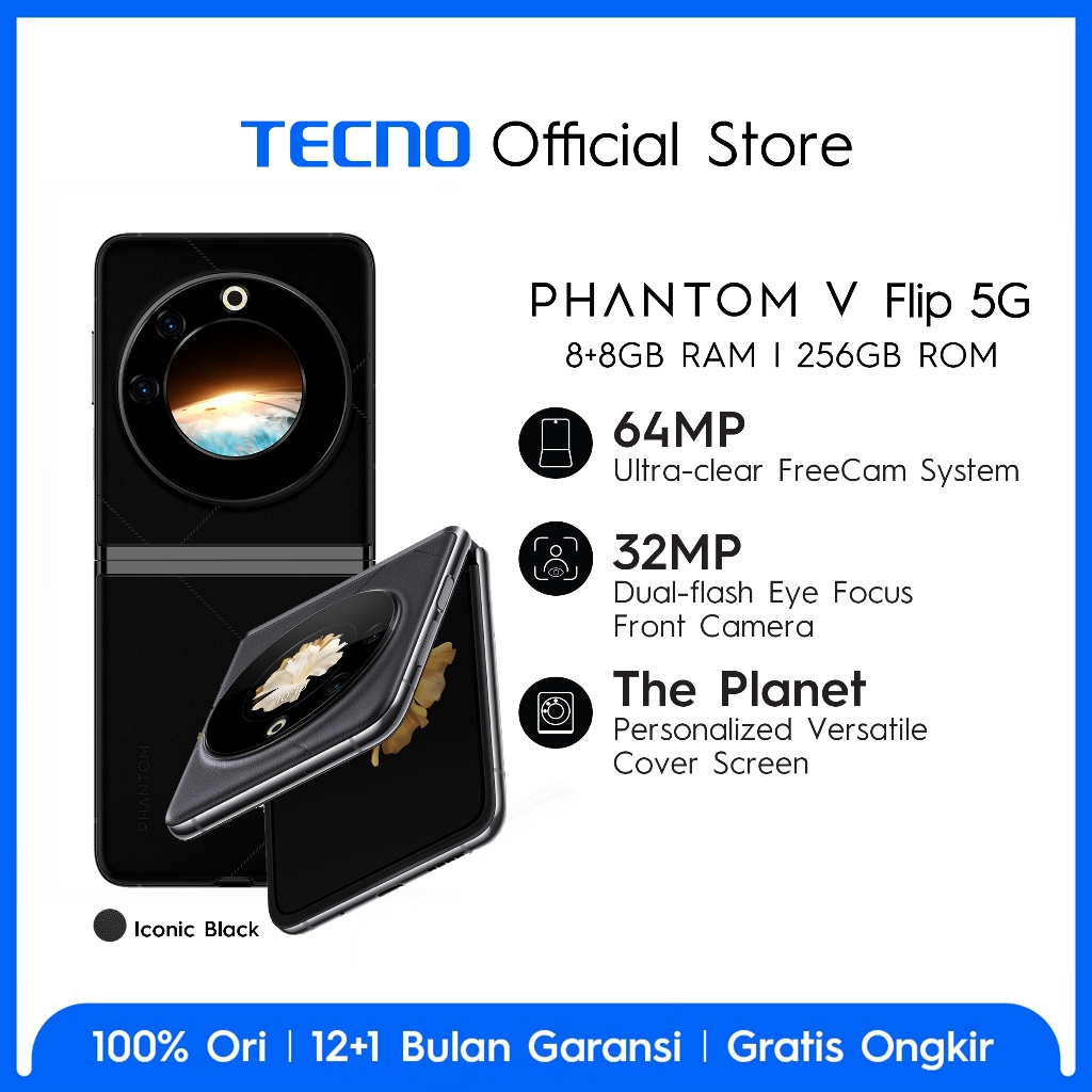 TECNO PHANTOM V Flip 5G - 8+8GB*+256GB, 64MP Ultra-clear Cam, 120Hz Screen, 4000mAh+45W Flash Charging, NFC, The Planet Cover Screen, 32MP Dual-flash Selfie, Android 13, Garansi 12+1 Bulan-I Black AD11 8+256