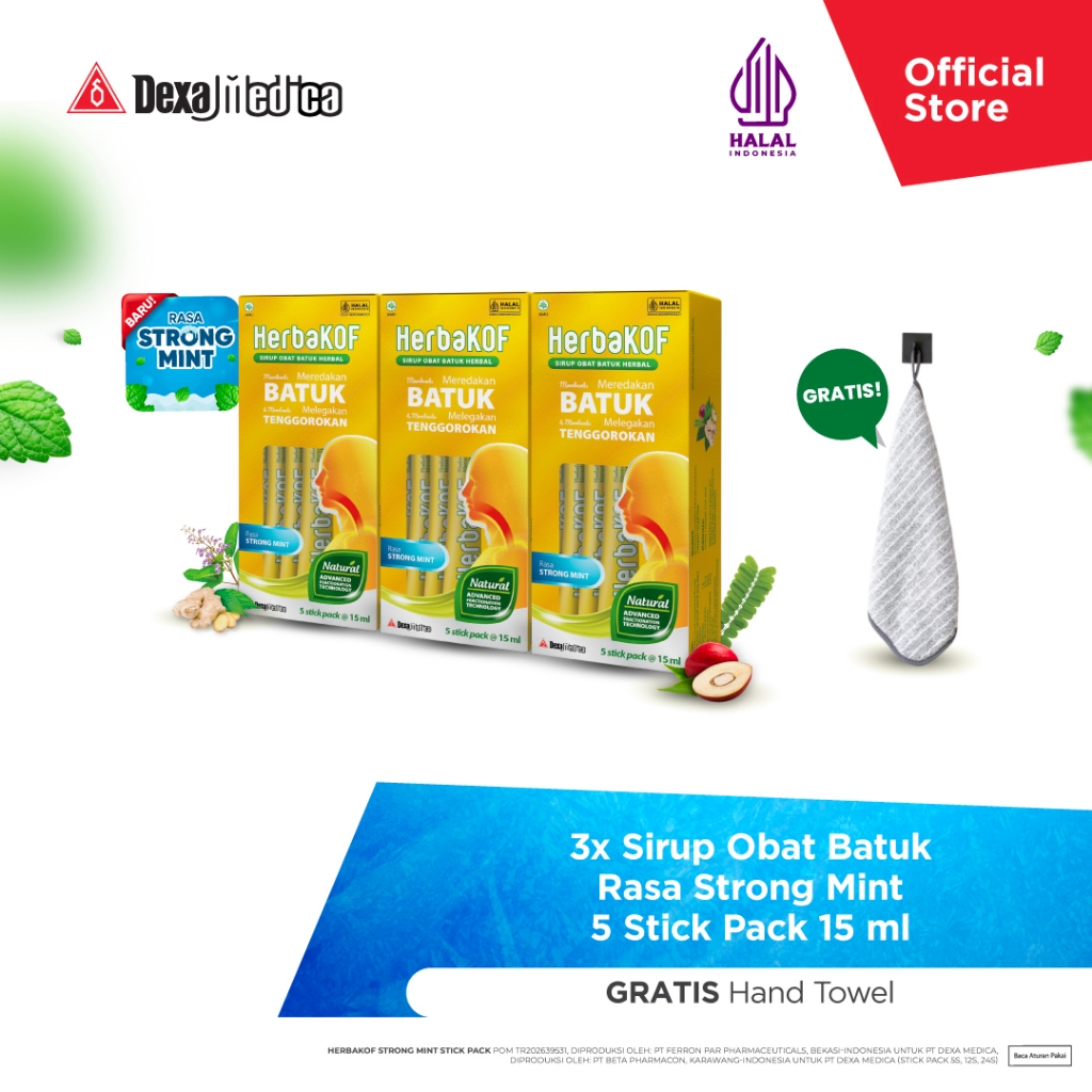 Herbakof Sirup Obat Batuk Rasa Strong Mint Stickpack isi 5 (@15ml) x 3 Unit - FREE Hadiah