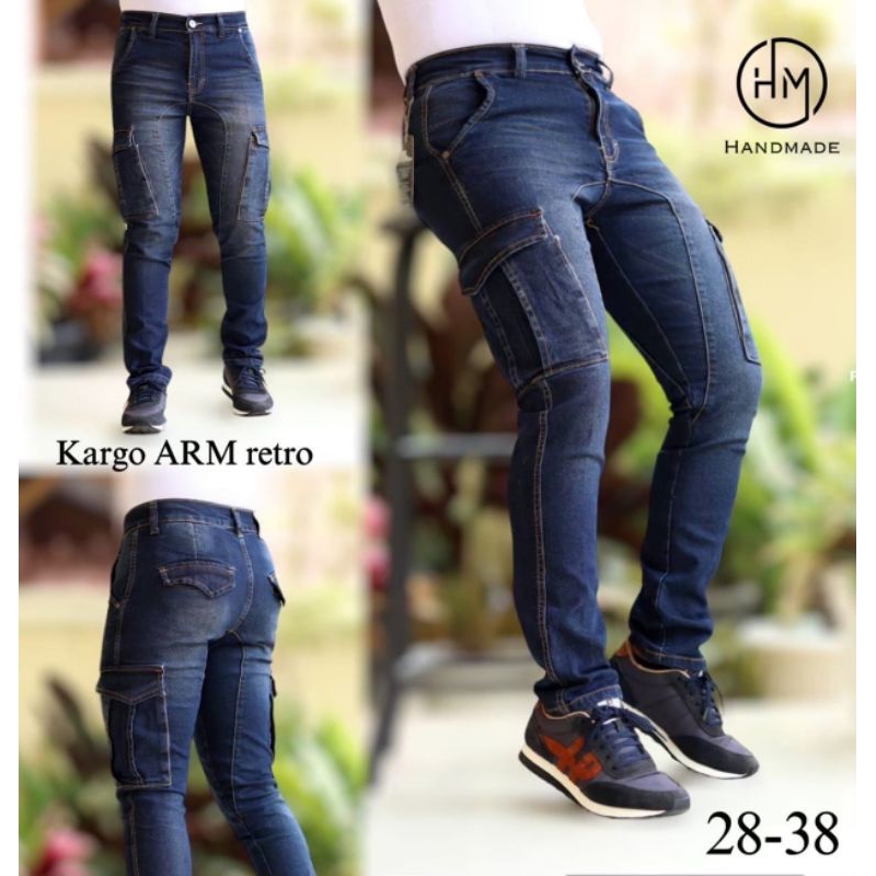 celana cargo jeans denim pria slim fit