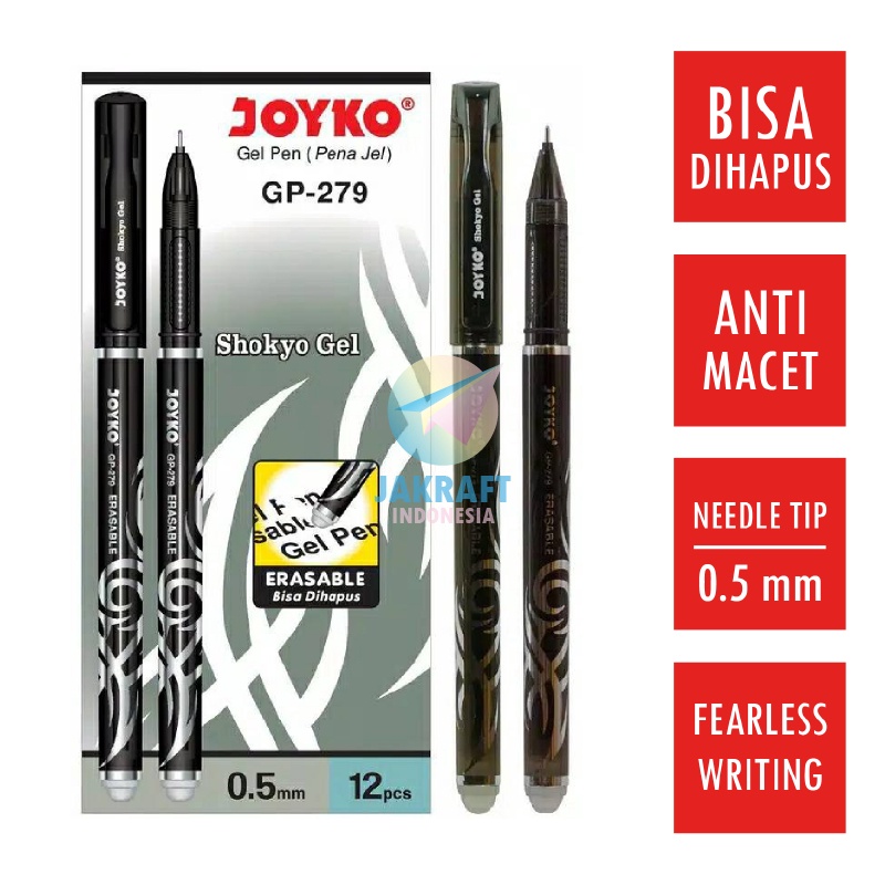 

TERBATAS 12 Pcs Pulpen Bolpen Erasable Gel Pen Bisa Dihapus JOYKO GP279 SHOKYO Needle Tip Hitam 5 mm