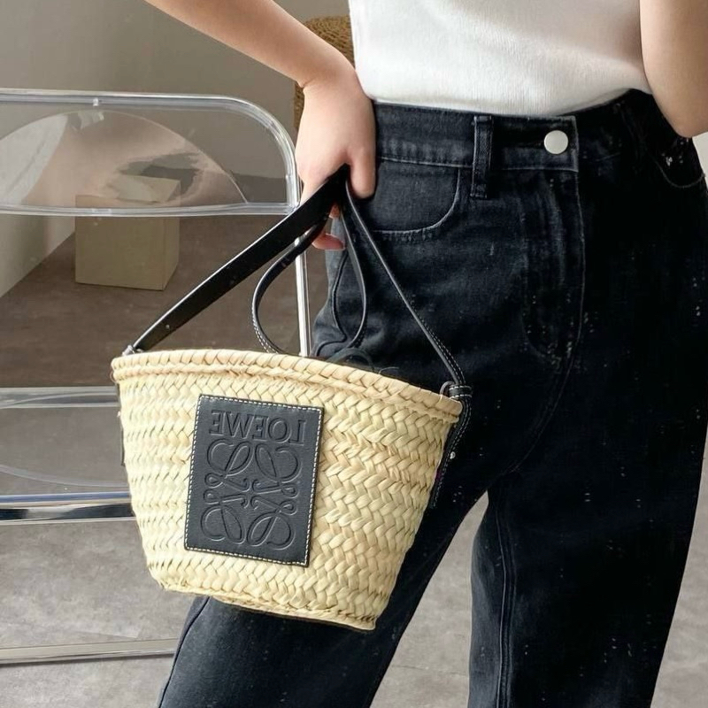 Original Loewe Drawstring Bucket Bag in Palm Leaf and Calfskin