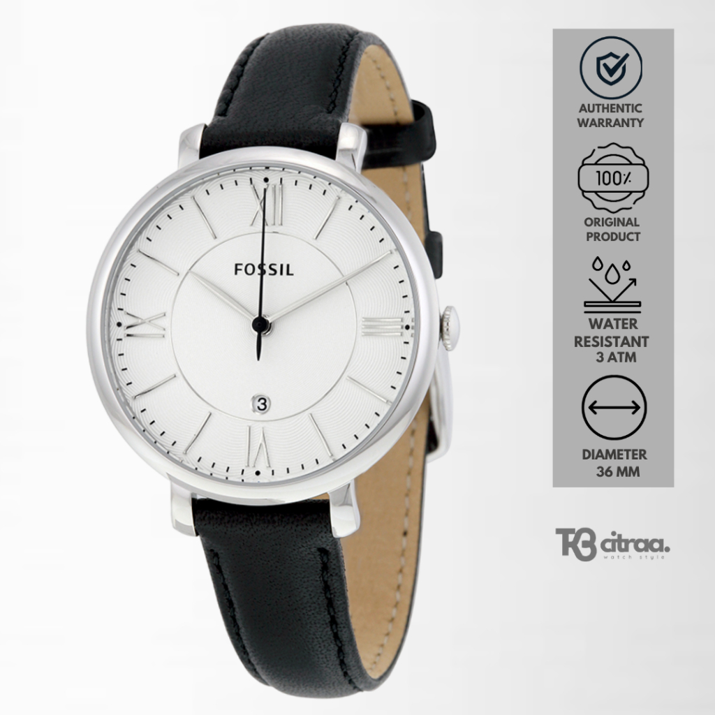 jam tangan fashion wanita fossil ladies Jacqueline analog strap kulit hitam cewek leather black wate