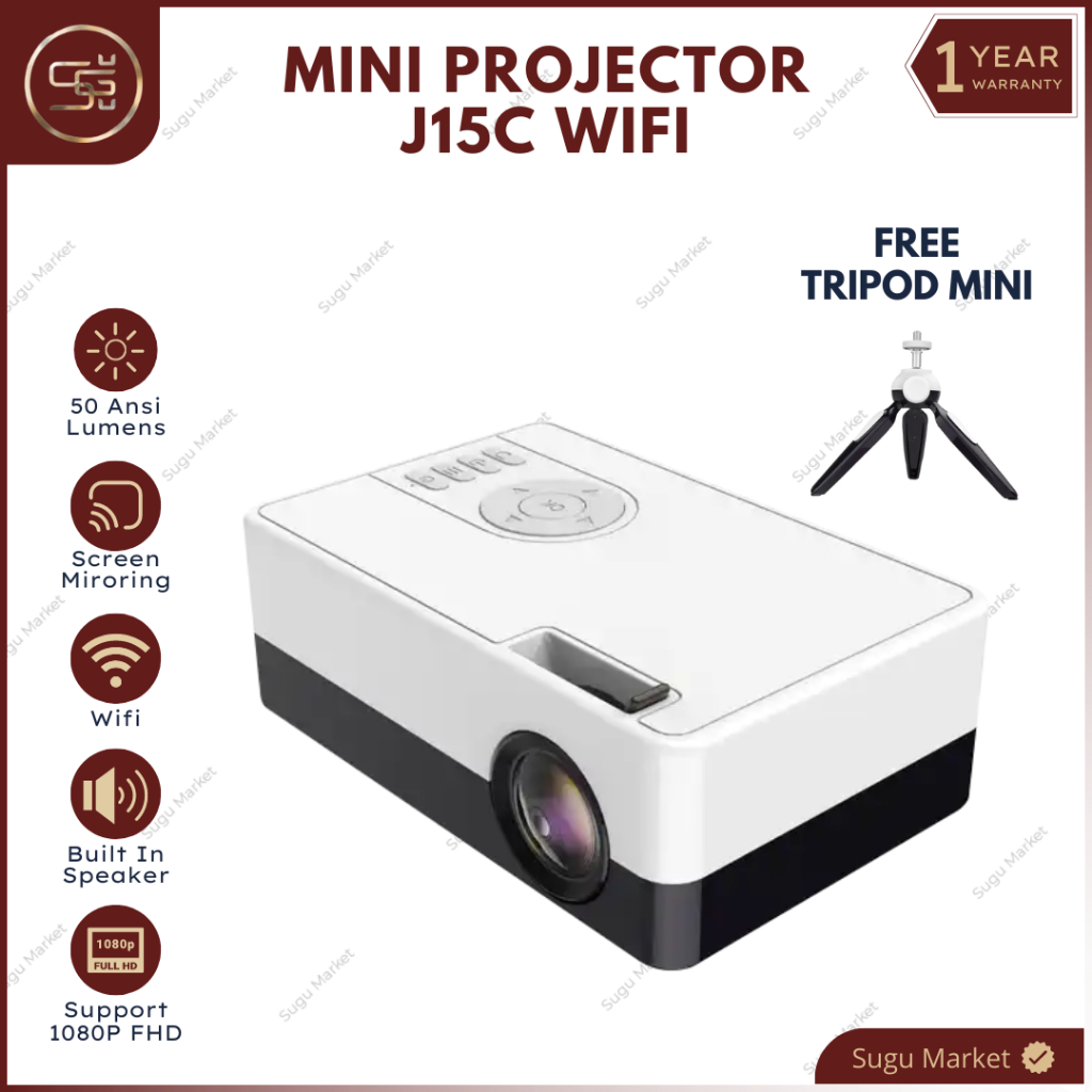 Projector Mini Portable J15C Wifi With Tripod 50 Ansi Lumens Screen Mirroring I Proyektor Mini Porta