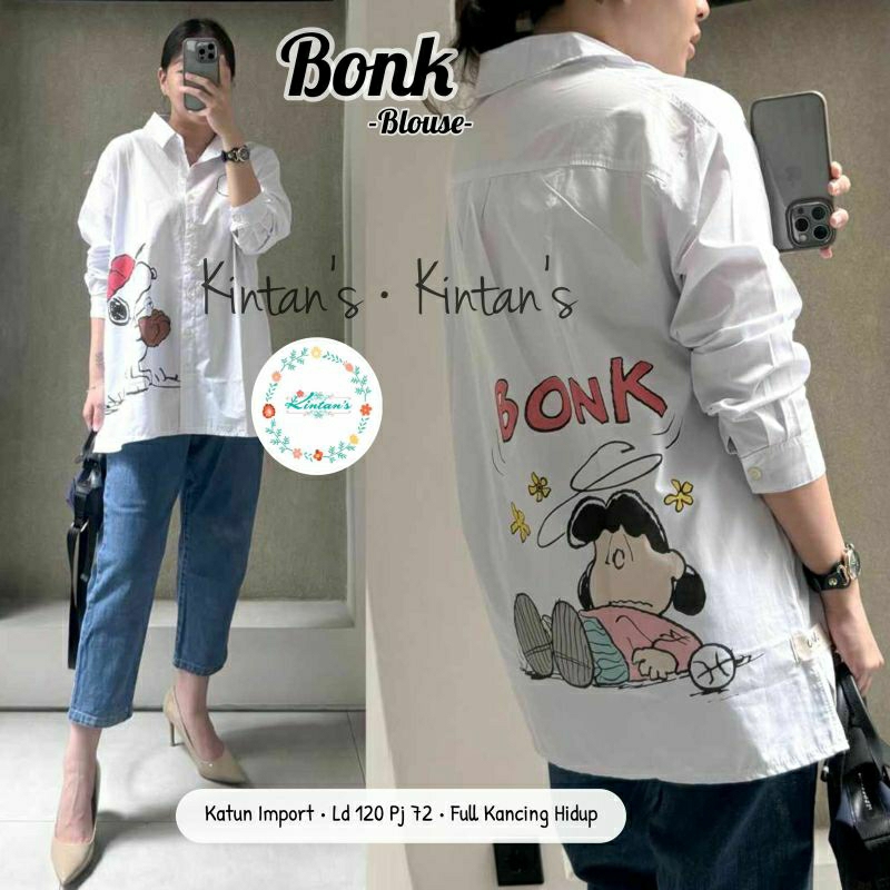 SNOOPY BLOUSE KEMEJA JUMBO WANITA PUTIH HITAM MOTIF KARTUN LUCU MODIS CASUAL