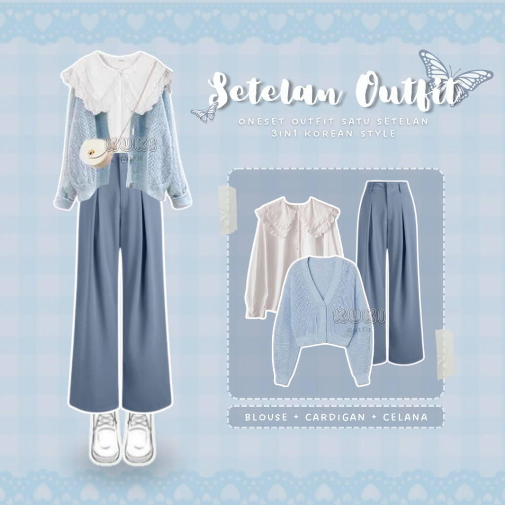 Penawaran Terbatas One Set 3in1 PREMIUM (Blouse Coquette, Cardigan Rajut, Celana) Atasan Casual