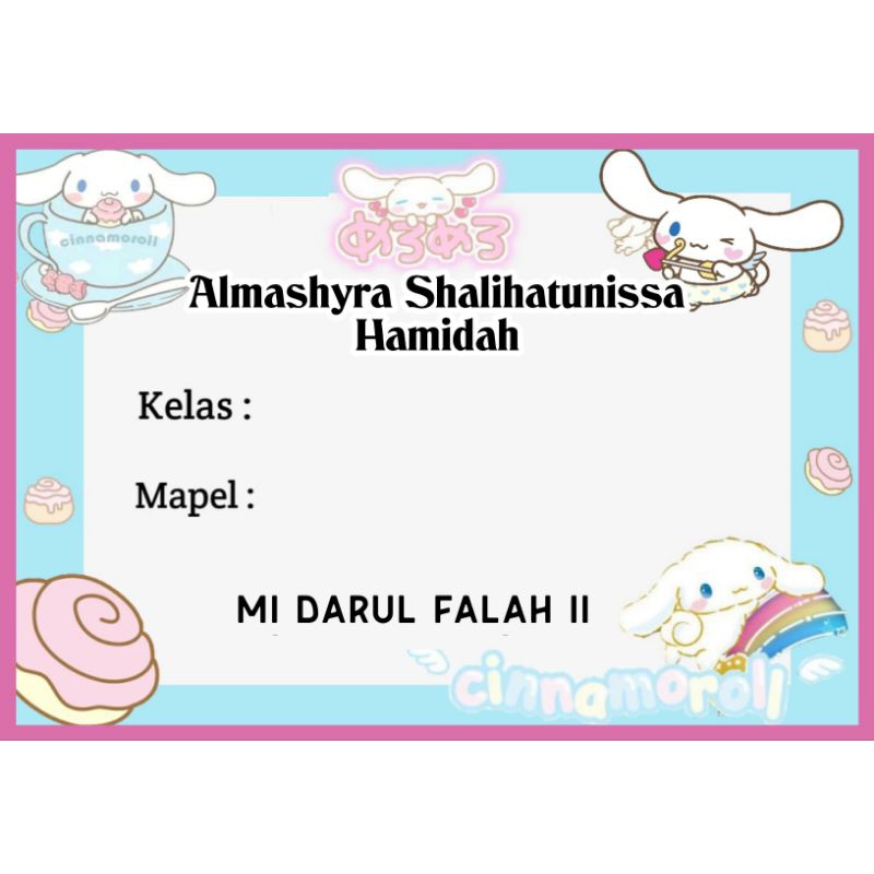 

(ISI 50 PCS) STICKER LABEL BUKU PELAJARAN SEKOLAH BISA CUSTOM NAMA DAN FOTO MOTIF CINAMOROLL SANRIO