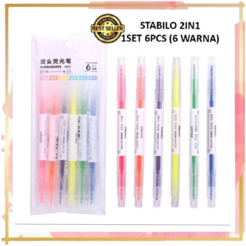

Stabilo 2 sisi Set 1 Pack isi 6pcs Highlighter Pen Colorful Perlengkapan Alat Tulis Kantor Anak Sekolah Spidol Pensil Warna Warni 2 Arah