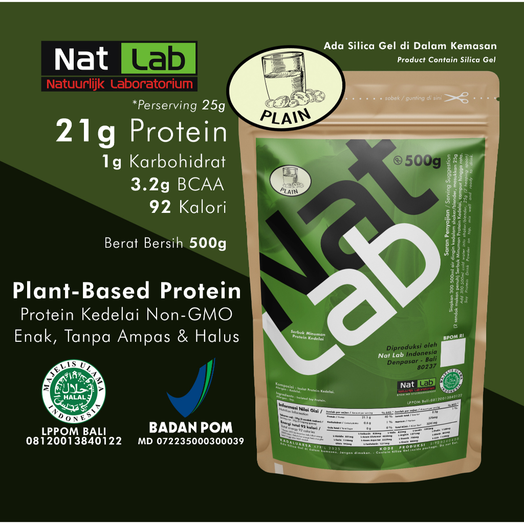 Nat Lab Soy Protein Shake Susu Kedelai Bubuk Fitness 500g Plant Protein Meal Replacement Vegan Keto 