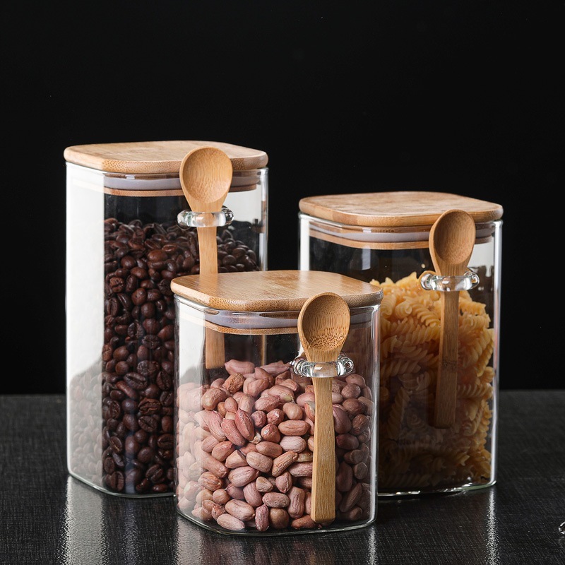[FREE SENDOK]Toples Makanan Ringan Tutup Kayu Toples Bumbu / Snack Jar Kaca Borosilicate Glass