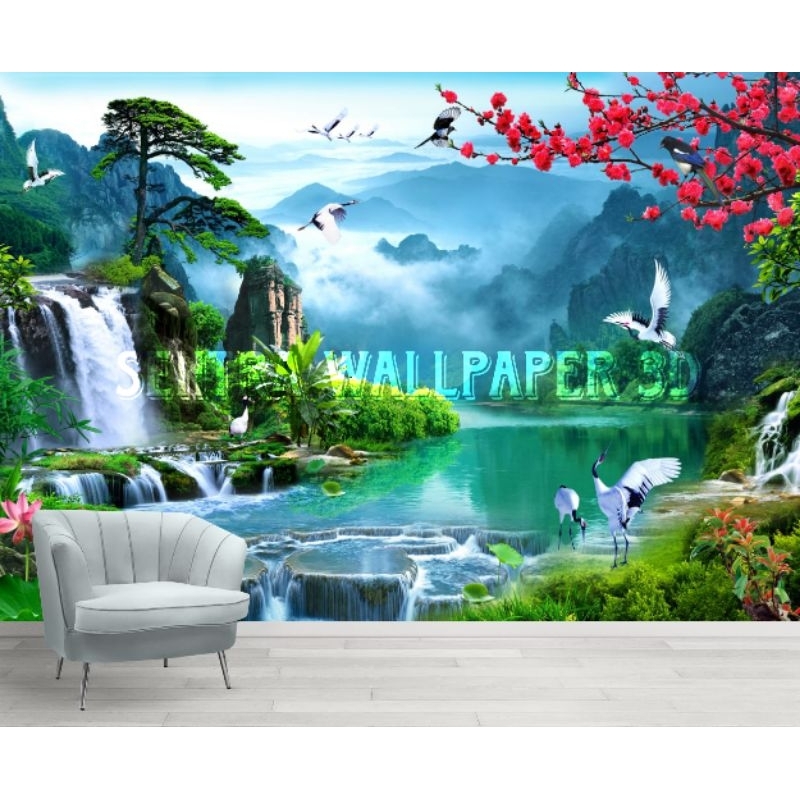 wallpaper custom pemandangan 3d motif air terjun, wallpaper pemandangan 3d aesthetic, wallpaper dind