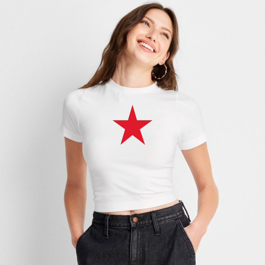 T-SHIRT CROP TOP STAR FULL PRINT / KAOS CROP TOP WANITA BINTANG MERAH / KAOS BINTANG