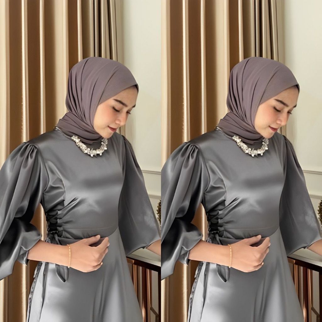 Dress Lyodra Lengan Balon Satin Slik - Gamis Kondangan Simple Polos dan Premium