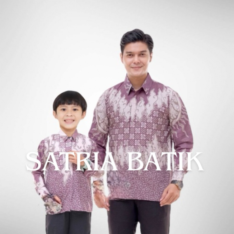 Kemeja Batik Couple Dewasa Ayah dan Anak Laki Saroja Mega Mendung Ungu Mauve Katun Primis Lengan Pan