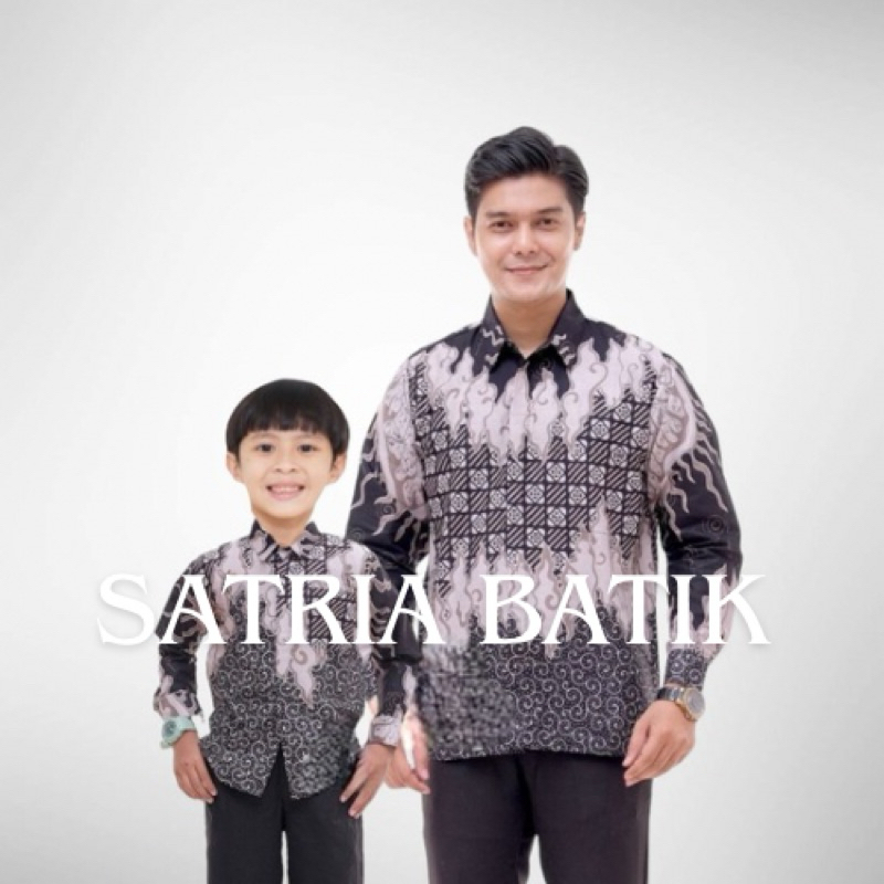 Kemeja Batik Couple Dewasa Ayah dan Anak Saroja Mega Mendung Hitam Katun Primis Lengan Panjang Moder