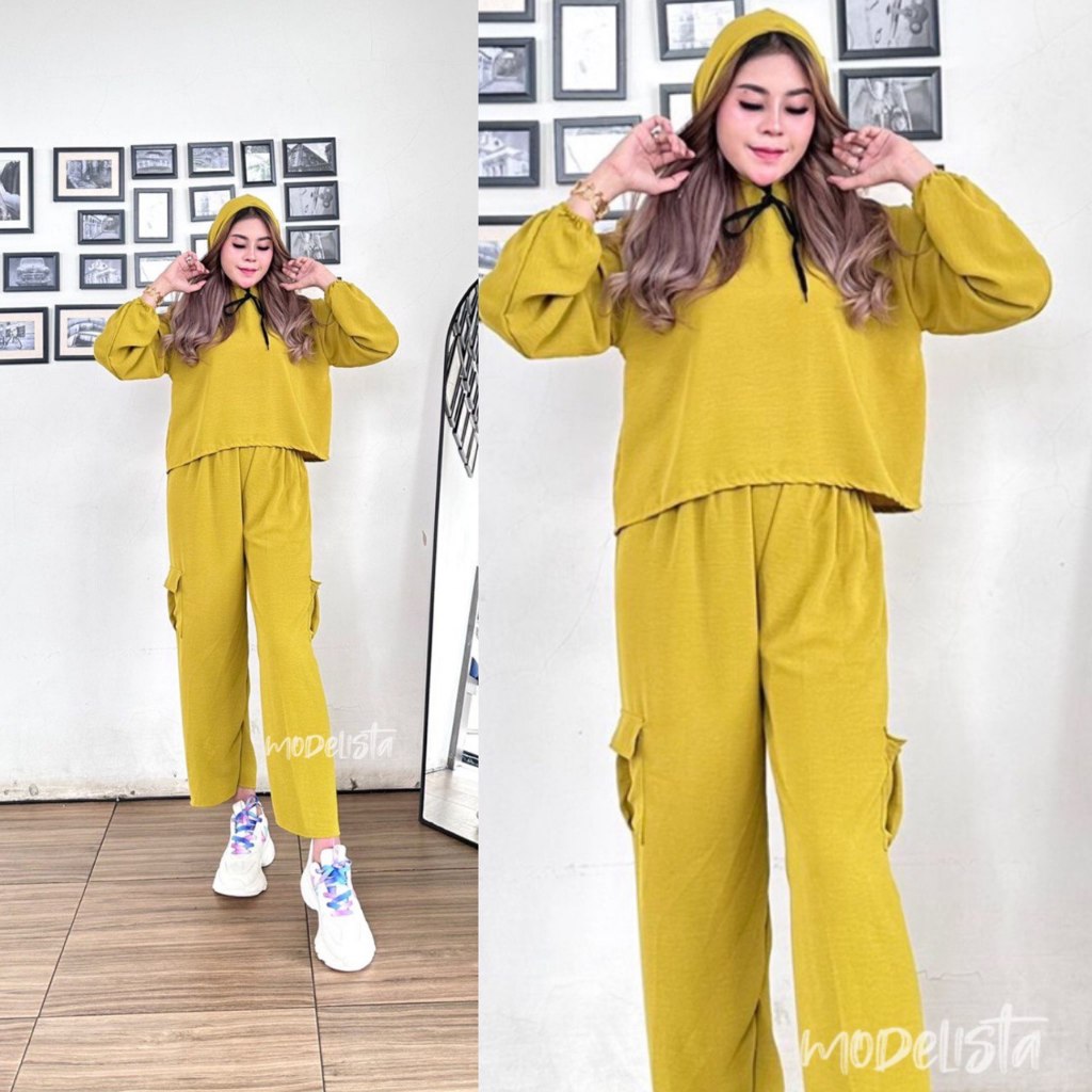 Setelan Baju Wanita One Set Hoodie Celana Kargo