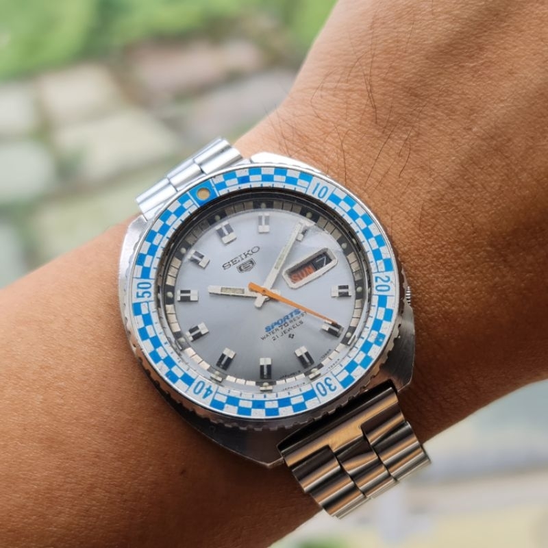 70s Vintage Seiko 5 Sports speed racing Rally Diver 6119-7173 automatic Silver Dial blue checkered f