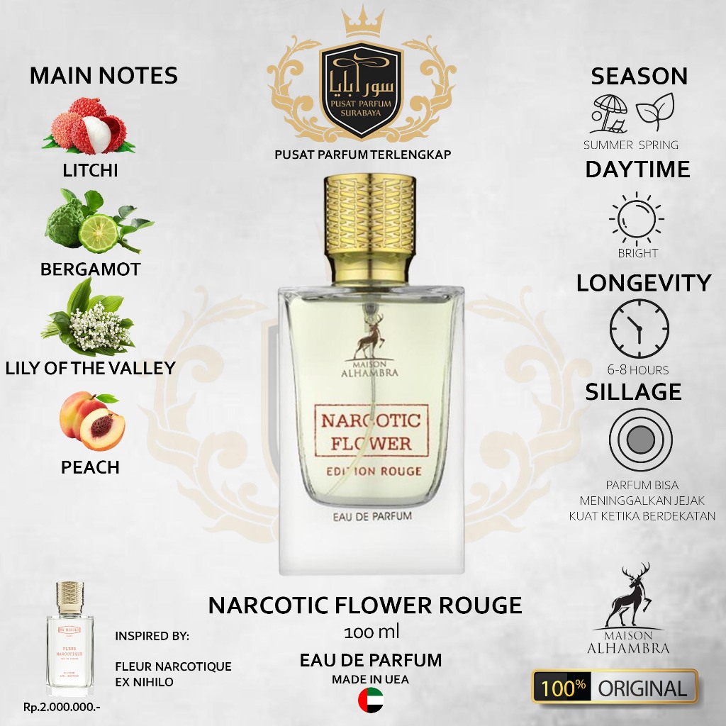 Narcotic Flower Rouge Maison Alhambra Premium Parfum Pria/Wanita/Unisex  Original Made in Dubai 100m