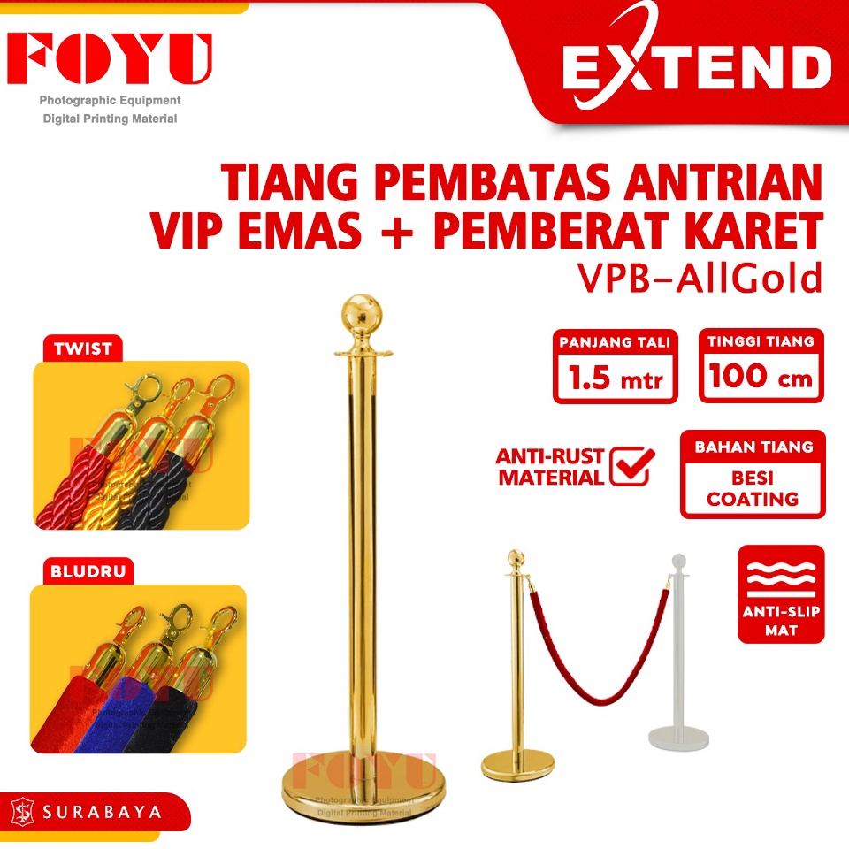 

KODE Y1I6 Tiang Pembatas Antrian Antrean VIP Emas Gold Besi Coating Queue Line Pole Tali Bludru Velvet Twist Railing Stand Extend VPBAllGold