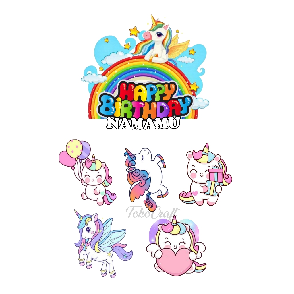 TOPPER CAKE UNICORN KUE ULANG TAHUN CUSTOM NAMA HAPPY BIRTHDAY