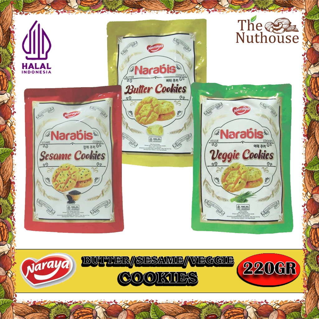 

NARAYA Narabis Butter / Sesame / Veggie Cookies 220gr [Biskuit Halal]