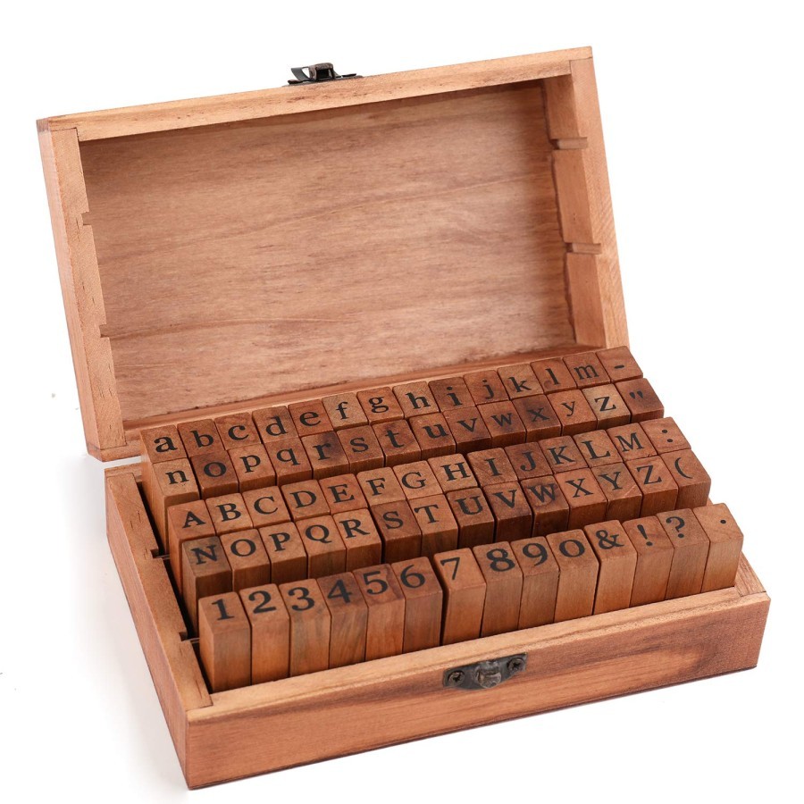 Wood Stamp Stampel Huruf Alfabet + Angka Kayu Kotak 70pcs