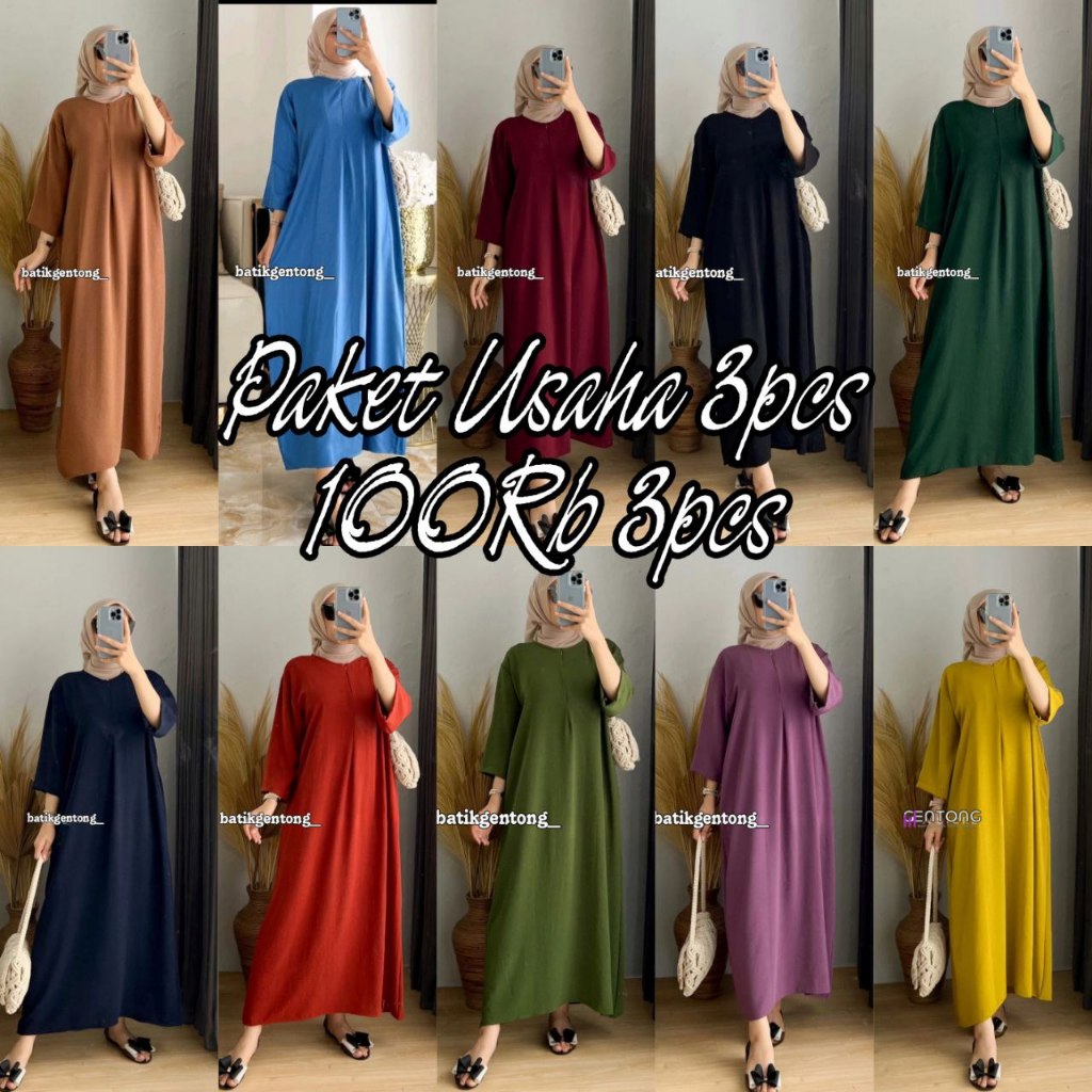 PAKET USAHA 100RB 3PCS Dress Aurel Daster Gamis Busui Lengan 7/8 Cringkle Airflow