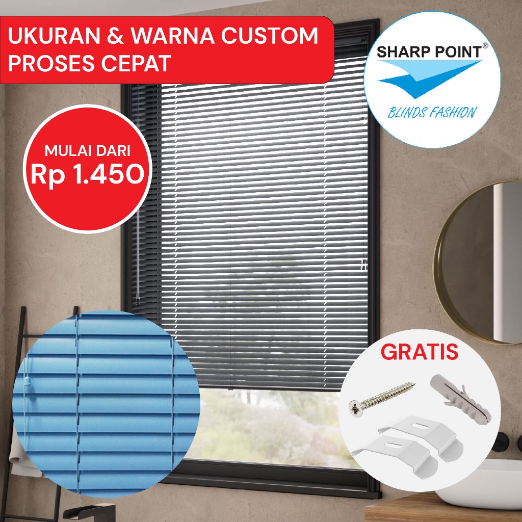 Horizontal Venetian Blind 25mm Blinds Tirai Jendela Kamar Kantor Minimalis Sharp Point / Kosei