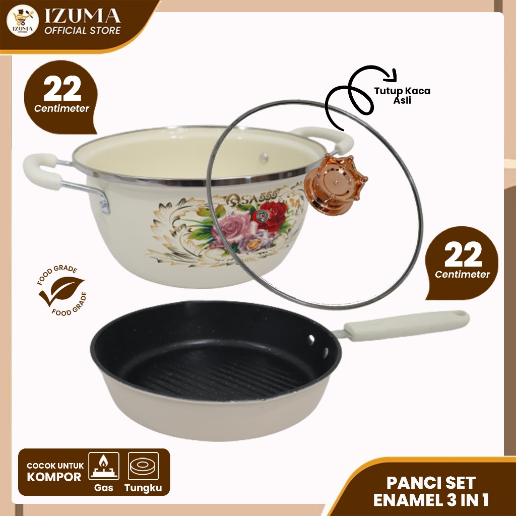 IZUMA Panci Set Enamel 3 in 1 Tutup Kaca dan Teflon Anti Lengket