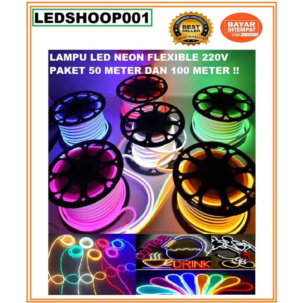 Lampu LED Strip Neon Flexible 220V 50M/100M IP65 WATERPROOF FREE ADAPTOR SOKET