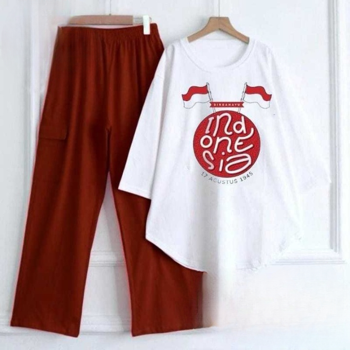 Setelan Wanita Kekinian Merah Putih Set BO Bahan Kaos Katun Combed Aplikasi Sablon Size M L XL XXL X