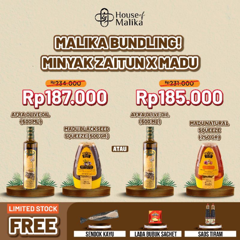 

BUNDLING PAKET HEMAT Afra Olive Oil 500ml dan Madu Malika Squeez 250gr