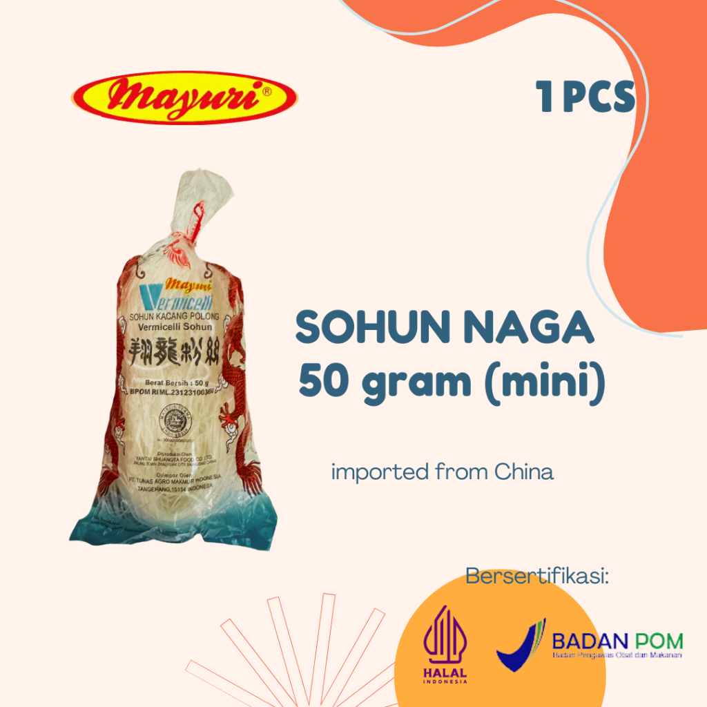 

SOHUN NAGA | SOUN NAGA | VERMICELLI | BIHUN | MIE SEHAT VEGETARIAN | MAYURI | 50 GRAM (1 UNIT)