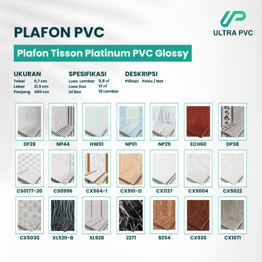 Plafon PVC glossy polos dan nat, ukuran 0,7 x 21,9 x 400 cm per lembar, berbagai tipe