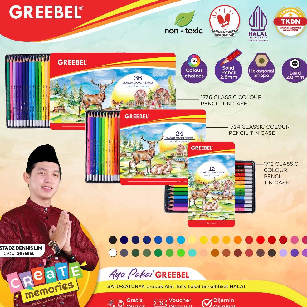 

KODE N8W5 GREEBEL Pensil Warna CLASSIC TIN CASE ColoringColorColour Pencils Cerah tidak beracun utk mewarnai anak