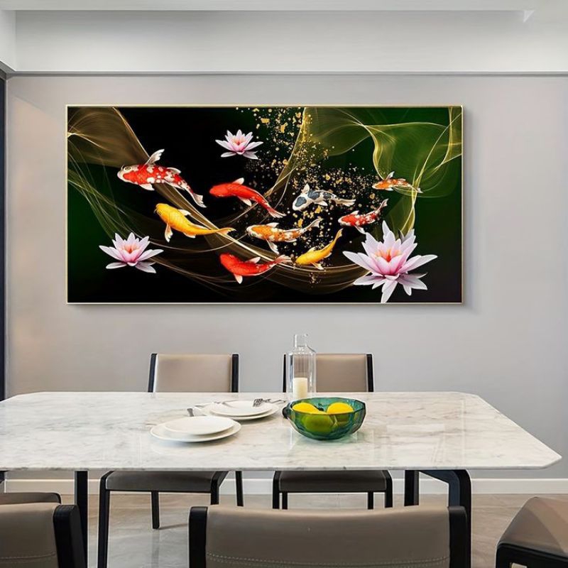 lukisan dinding ikan koi 9 ekor Feng shui kanvas Hanmade minimalis